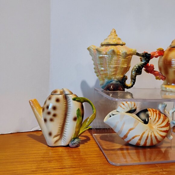Vtg Mini Seashell Shaped Ceramic Teapot Set of 5 Thailand 3" - Picture 6 of 12